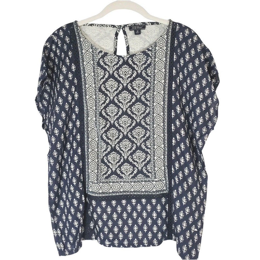 LUCKY Brand Linen Blend Navy Blue White Medallion Print Boho Boxy Top Sz MEDIUM
